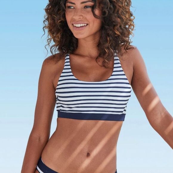 Lascana Mixed Print Scoop Bikini Swimsuit Top Navy Striped Women’s 8 - Picture 1 of 4